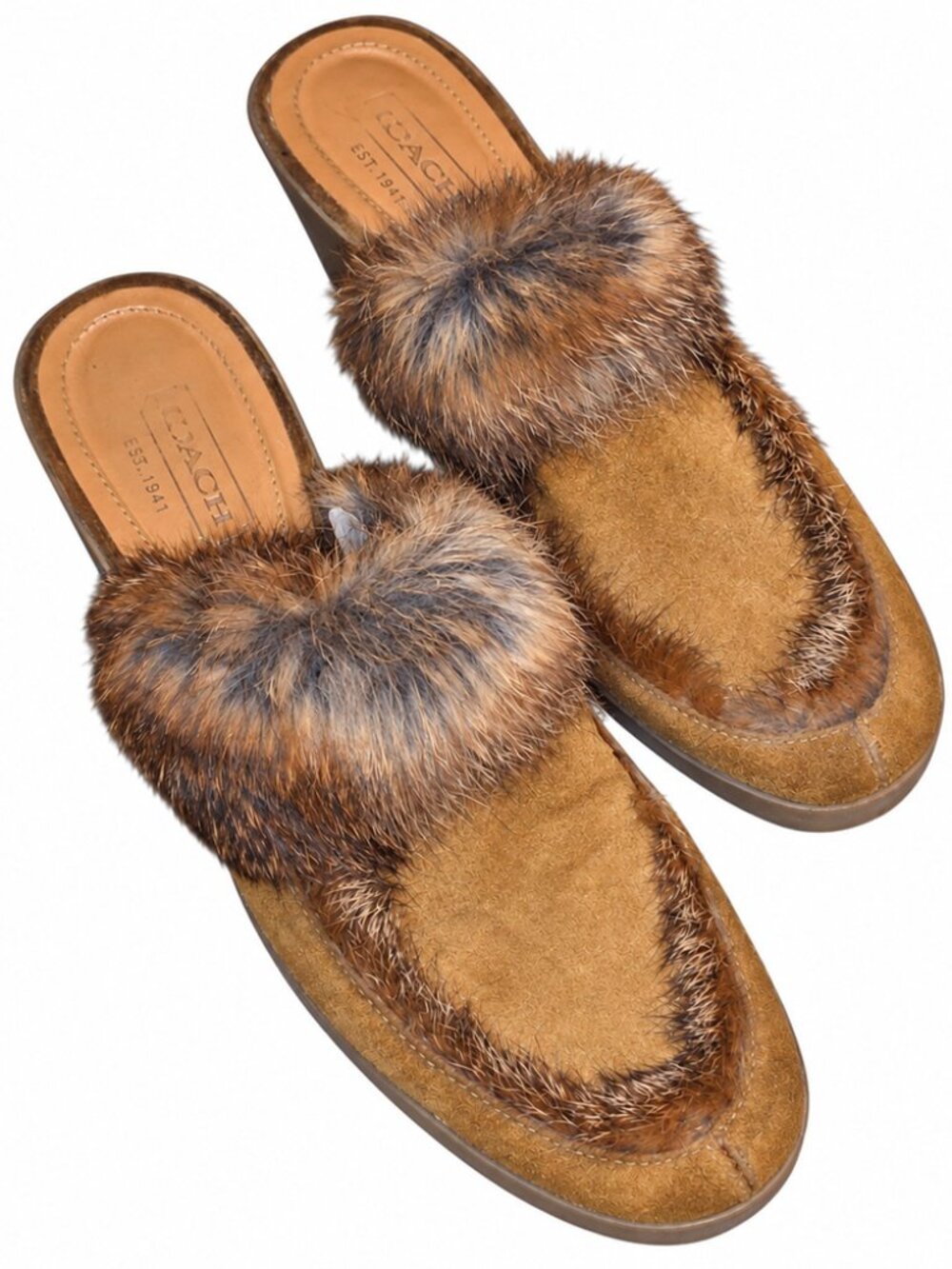 Coach Tan Suede Faux Fur Wedge Mules Women's 8